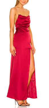 NBD Red Satin Maxi Slip Dress MEDIUM Gown Cowl Backless Slit Formal $258 NEW
